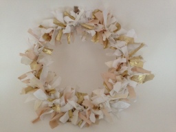 White, natural and gold fabric wreath,